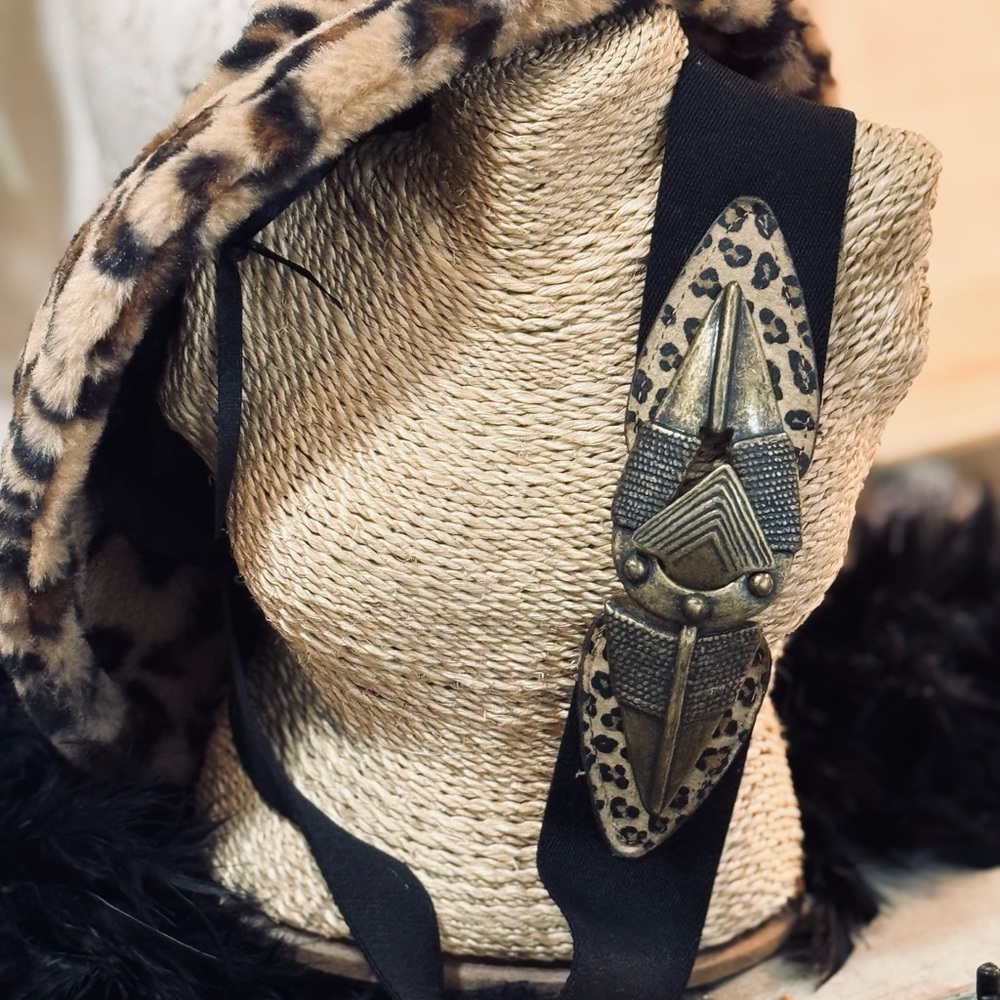 Leopard Print and Black Elastic Belt with Antique Gold Accent